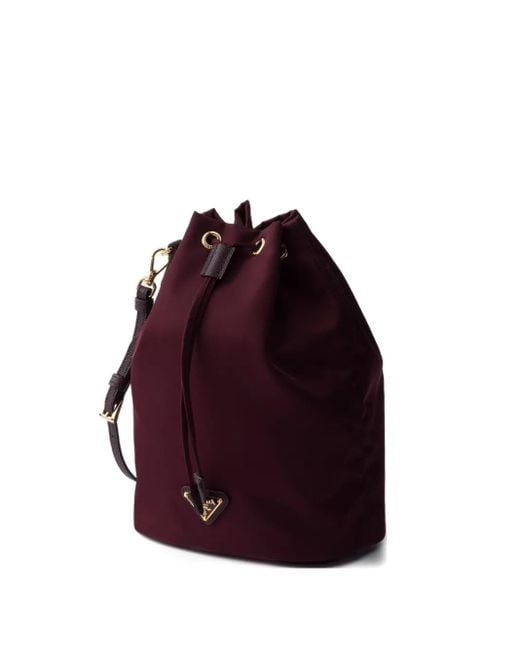 Prada Red Drawstring Metal-Logo Bucket Bag