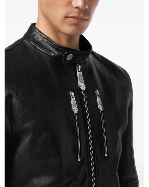 Philipp Plein Black Leather Moto Jacket for men