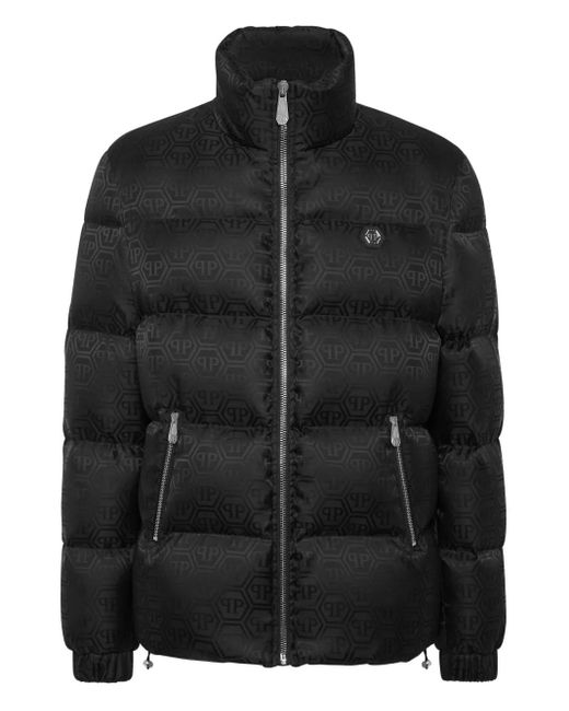 Philipp Plein Black Short Nylon Puffer Jacket Monogram for men