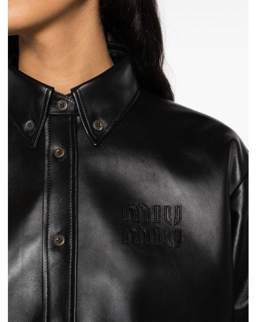 Miu Miu Black Logo-embroidered Leather Jacket