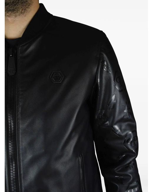Philipp Plein Black Leather Bomber Jacket for men