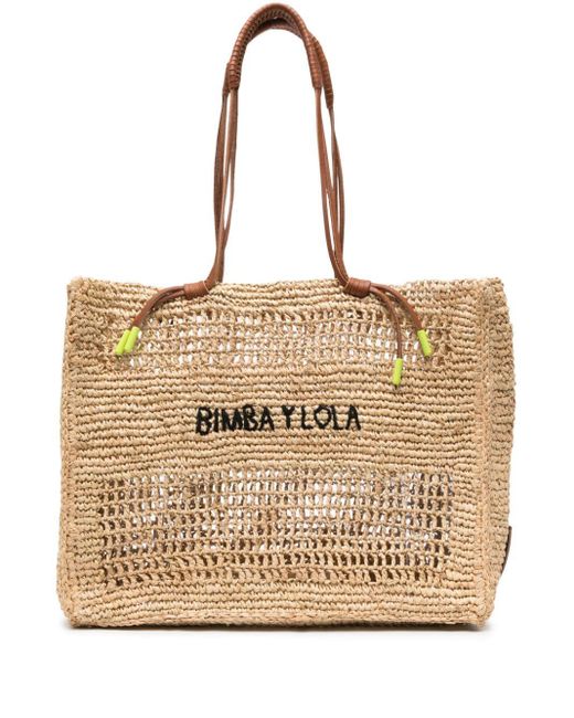 Bimba Y Lola Natural Logo-embroidered Raffia Tote Bag