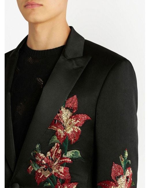 Etro Black Floral-embroidered Single-breasted Blazer for men
