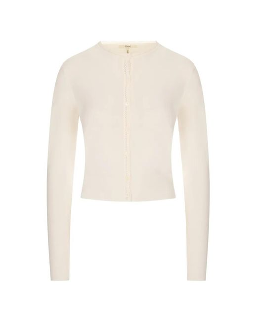Chloé White Pointelle-Knit Scalloped-Trim Cardigan
