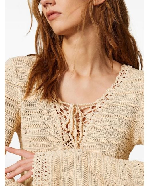 Twinset Natural Jumper With Crochet Detail And Ties
