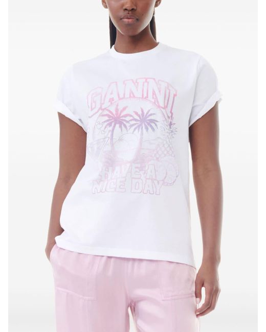 Ganni White Logo-Print Cotton T-Shirt