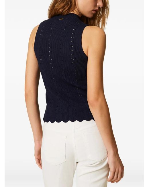 Twinset Blue Turtle-Neck Knit Top With Scalloped Hem