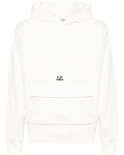 C P Company White Cotton Diagonal Mixed Hoodie for men