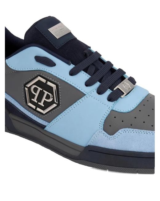Philipp Plein Blue P-Force 78 Logo-Plaque Leather Sneakers