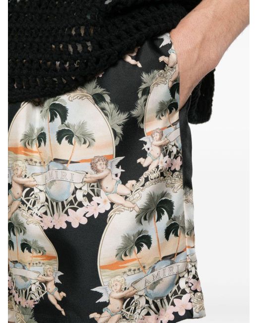 Amiri Black Palm Tree-print Silk Shorts for men