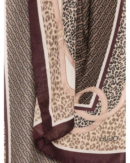 Liu Jo Brown Leopard-Print Monogram-Pattern Scarf