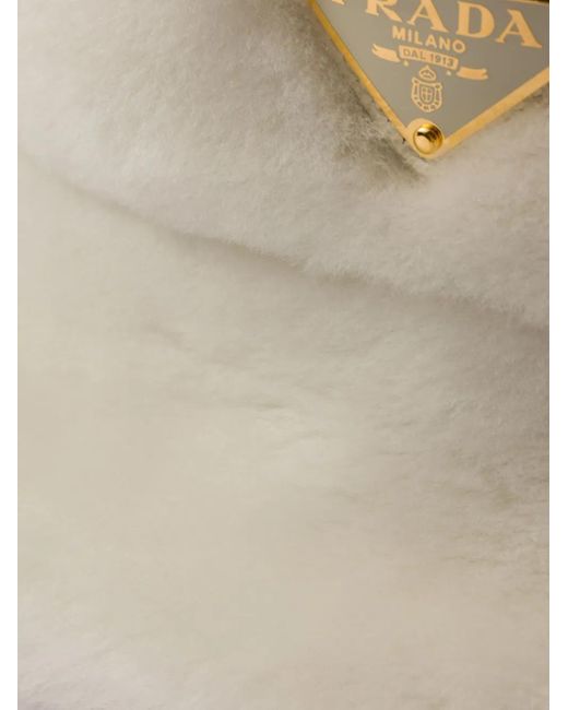 Prada Natural Shearling Triangle Logo Bucket Hat