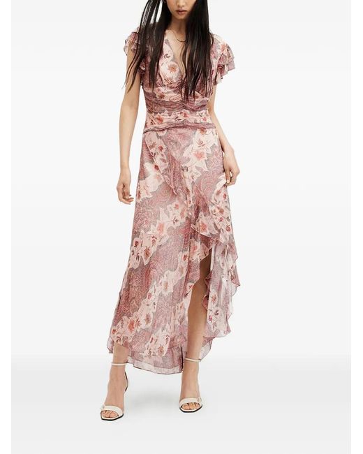 AllSaints Pink Brea Ruffled Paisley Midi Dress