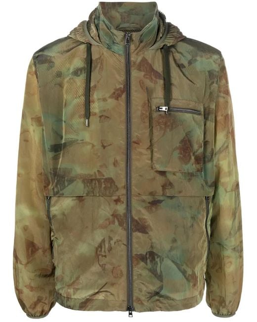 Herno Green Camouflage-Pattern Hooded Bomber Jacket for men