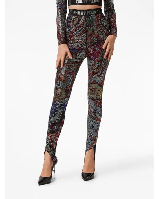 Philipp Plein Black Paisley Rhinestone-Embellished Leggings