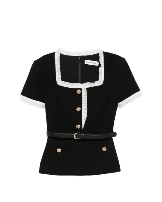 Self-Portrait Black Button-Up Belted Blouse