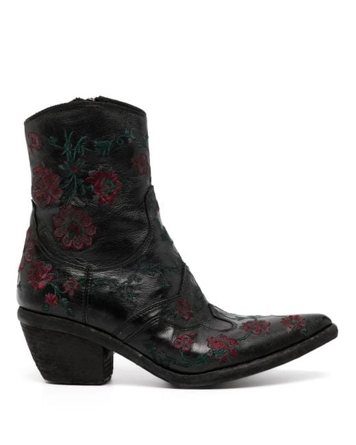 Fauzian Jeunesse Black Floral-Embroidered Ankle Boots