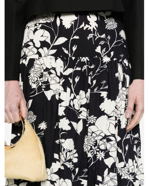 Maje Black Floral-print Tiered Maxi Skirt