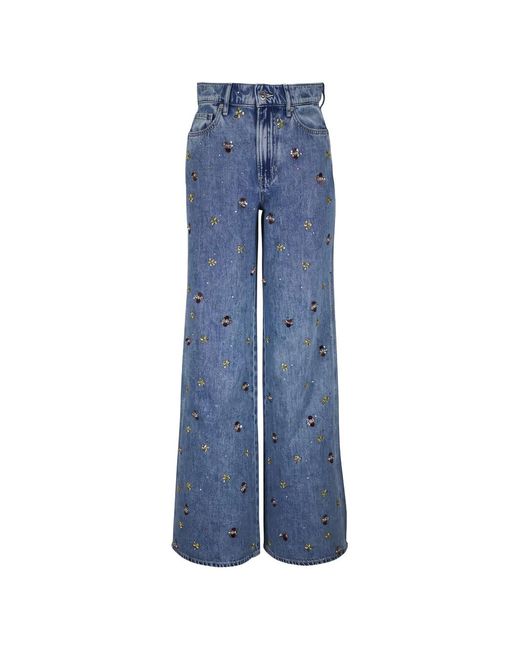 Veronica Beard Blue Crystal-Embellished Wide-Leg Jeans