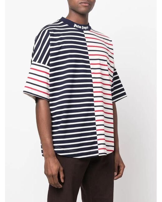 Palm Angels Blue Striped Logo-Print T-Shirt for men