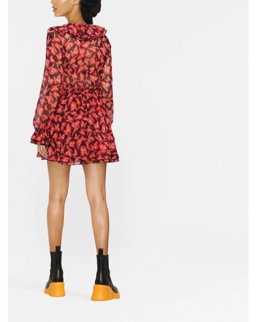 MSGM Red Ruffled Dress With Butterfly Pattern