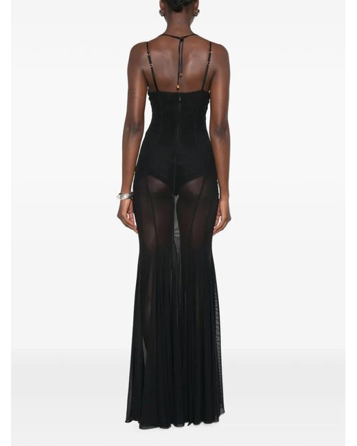 Elisabetta Franchi Black Sheer-Panelled Pleated Maxi Dress
