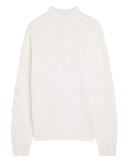 Allude White Ribbed Funnel-Neck Sweater for men
