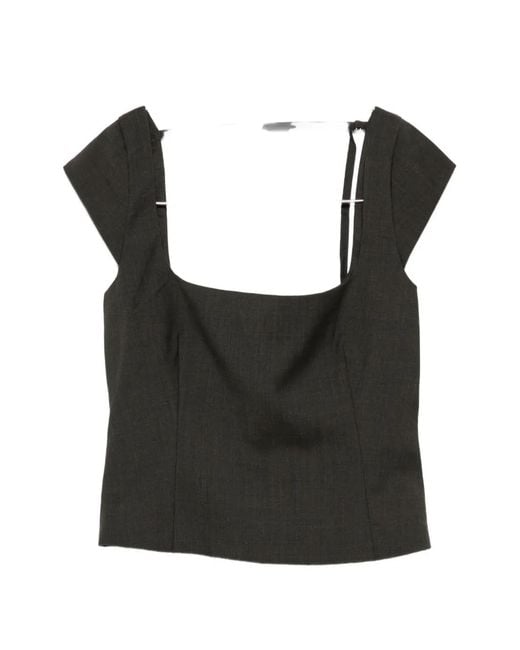 St. Agni Black Cap-Sleeves Square-Neck Top