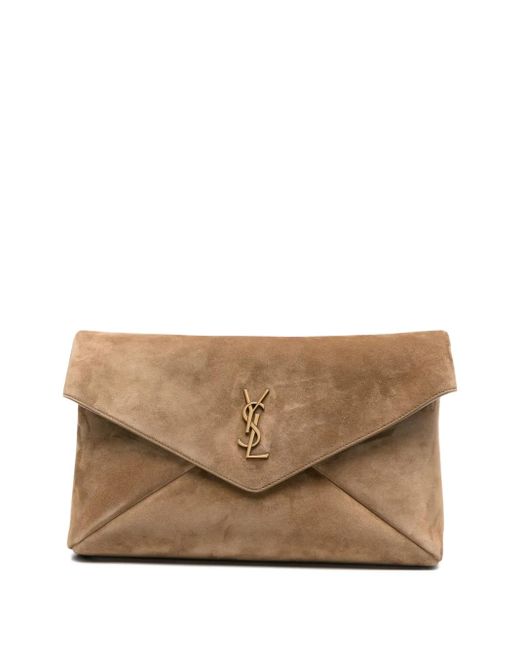 Saint Laurent Natural Logo-Plaque Suede Clutch Bag