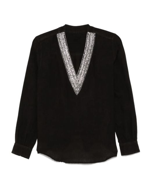 120% Lino Black Crystal-Embellished Blouse