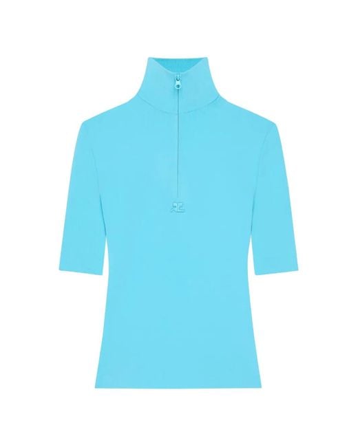 Courreges Blue Zipped Mock-Neck Top