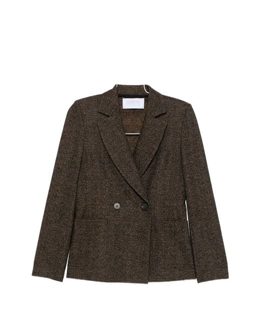 Harris Wharf London Brown Herringbone-Pattern Double-Breasted Jacket