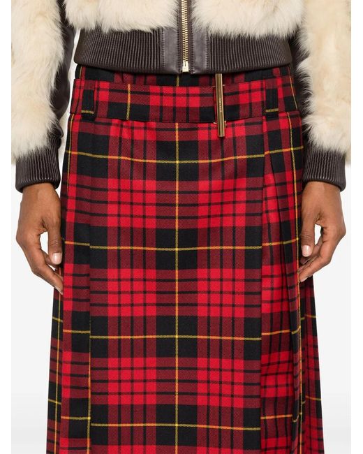 McQueen Red Tartan-Check Pleated Belted Midi Skirt