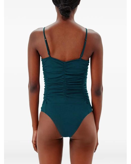 Another Tomorrow Blue Shirred Sleeveless Bodysuit