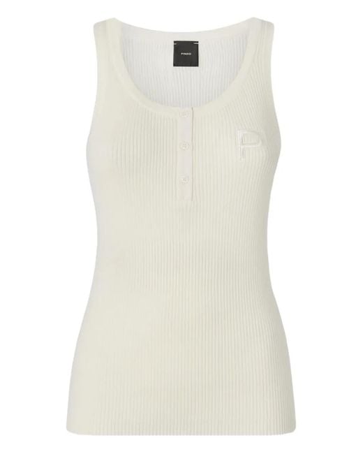 Pinko White Ribbed Sleeveless Top With Monogram