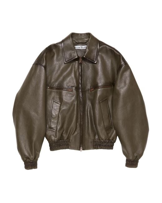 Acne Brown Leather Zip-Up Bomber Jacket for men