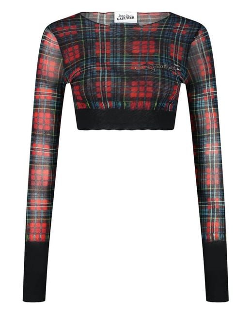 Jean Paul Gaultier Black Tartan-Patterned Safety Pin-Print Crop Top