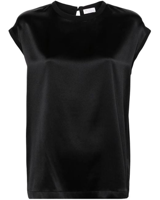 Brunello Cucinelli Black Beaded-Trim Satin Blouse