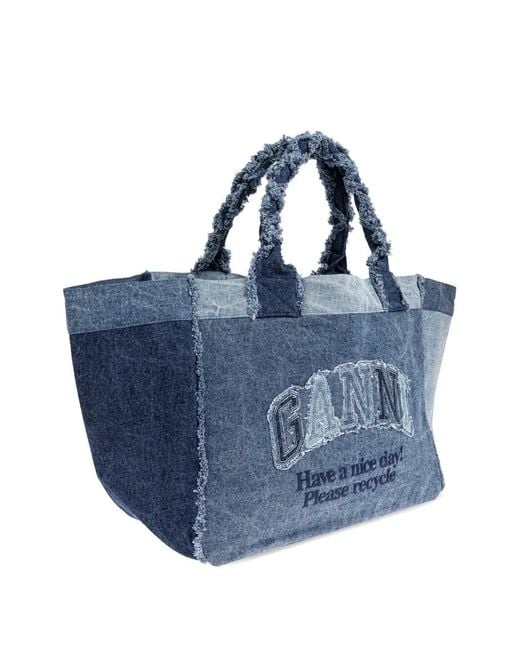 Ganni Blue (Removed) Organic Cotton Denim Tote Bag With Front Logo