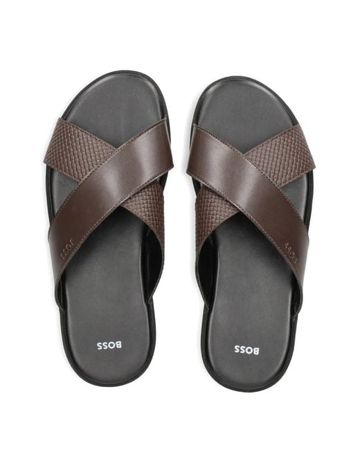 Boss Black Faux-Leather Slides With Plain And Patterned Straps for men