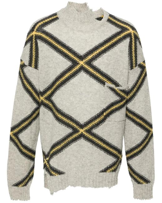 Marni Gray Diamond-Check Distressed Jumper for men