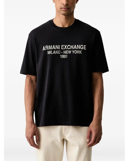 ARMANI EXCHANGE Black Logo-Print Cotton T-Shirt for men