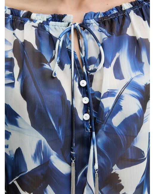 Guess Blue Leaf-Print Ruffled Blouse
