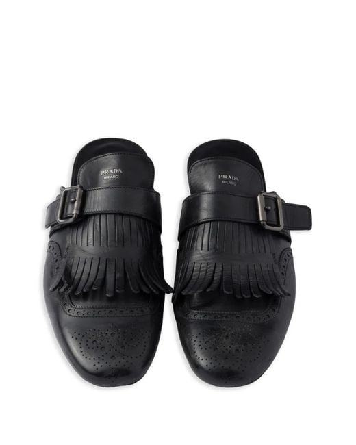 Prada Black Mules Perforées Shuffle À Franges for men
