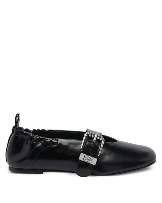 Ganni Black Sue Buckle-Detail Ballet Flats