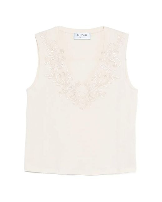 Blugirl Blumarine White V-Neck Embroidered Tank Top