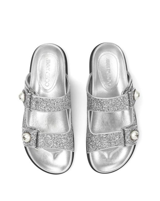 Jimmy Choo White Fayence Glitter Leather Sandals