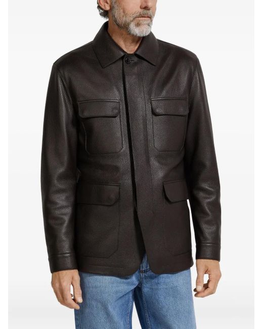 Zegna Black Leather Flap-Pockets Jacket for men