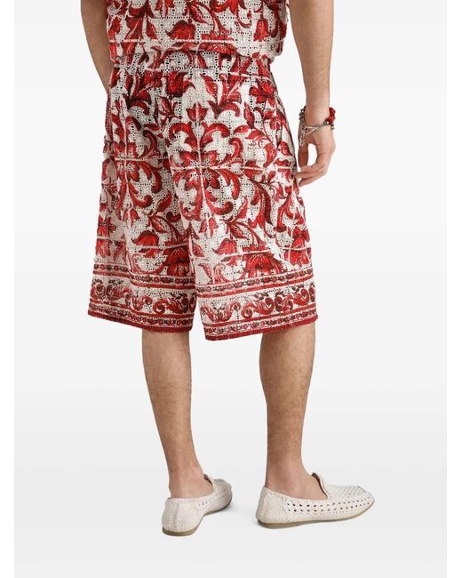 Dolce & Gabbana Red Majolica-Print Broderie Anglaise Lace Vanity Bermuda Shorts for men