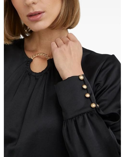 Nissa Black Chain-Link Neck Button-Cuff Midi Dress